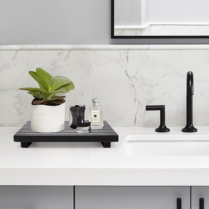 Black Bathroom Counter Tray Organizer Wood Riser Stand Kitchen Soap Holder | Rustic Countertop Trays Wooden Pedestal Display Dish Soap Dispenser Holder for Bathroom Decor Sink Accessories Vanity Tray