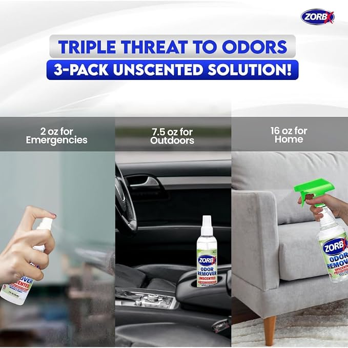 ZORBX Unscented Odor Eliminator Spray Set, 16+7.5+2 Oz, Hospital-Grade | Permanent Odor Remover for Pet & Human Urine, Smoke & Strong Odors, Carpet, Upholstery, Mattress, Bathroom, Basement & More