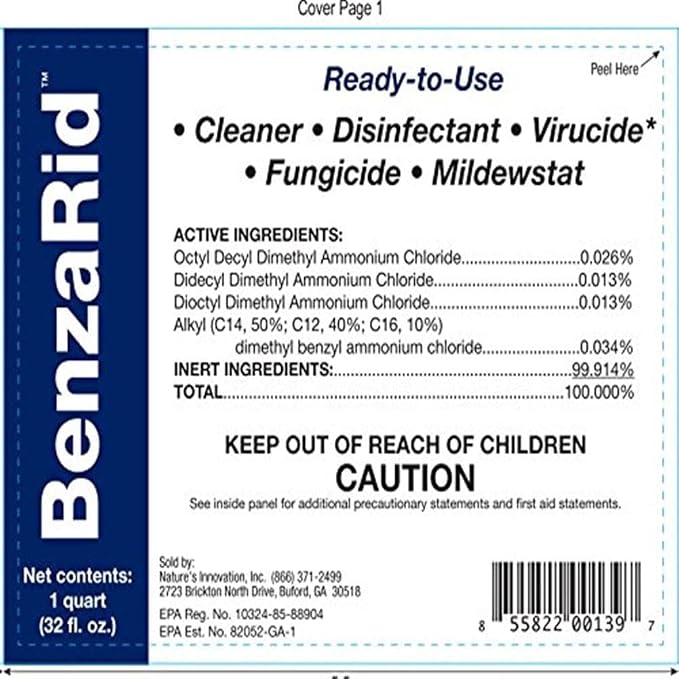 BenzaRid Hospital Disinfectant Virucide Spray Kills 99.99% of MRSA, COVID-19, H5N1, Staph, Avian Flu, Bacteria & Mold | EPA Reg. for Medical, Dental, Veterinary, Farm & Home Use 32 oz