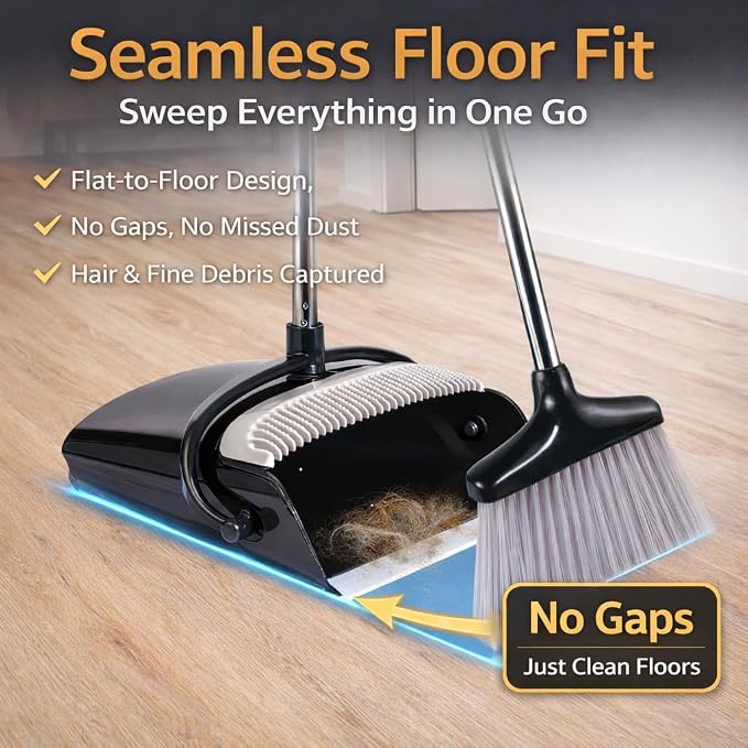 Broom and Dustpan Set with Long Handle and 6 Bonus Cleaning Tools, Upright Standing Combo with Self-Cleaning Teeth & Windproof Dustpan for Pet Hair, Home, Kitchen, Garage, Apartment