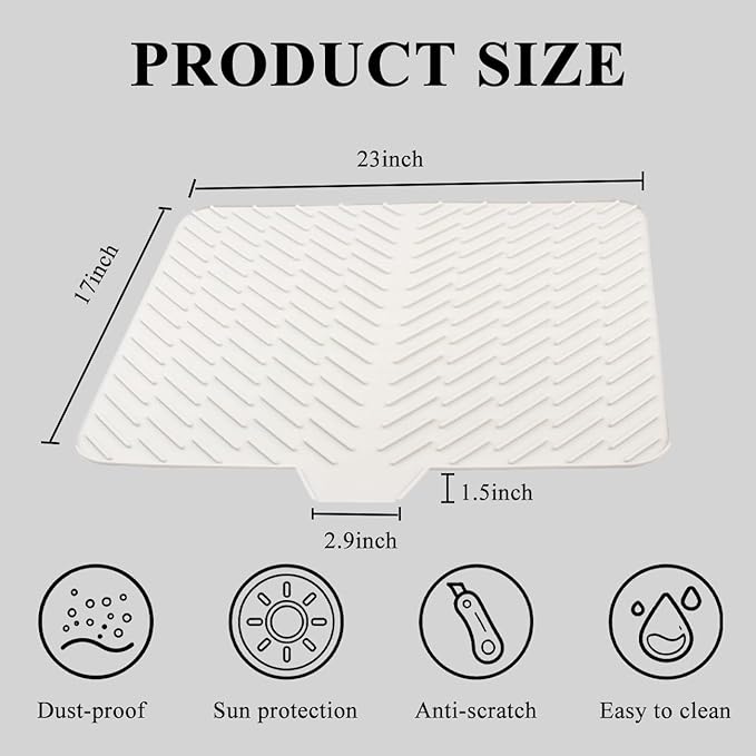 Silicone Dish Drying Mat for Kitchen Counter,23"X17" With Built-in Drain Lip,Food-Grade Silicone,Heat-Resistant Eco-friendly Hygienic Drying Mat Leak-Proof and Non-Slip,Multi-Functional Use（White）