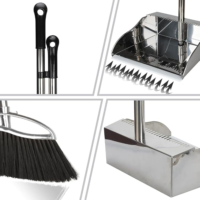Indoor Broom and Dustpan Comb Set,Heavy Duty Stainless Steel Metal Dust Pan with Long Handle Sweeping Soft Bristles Broom for Floor Home Lobby Office