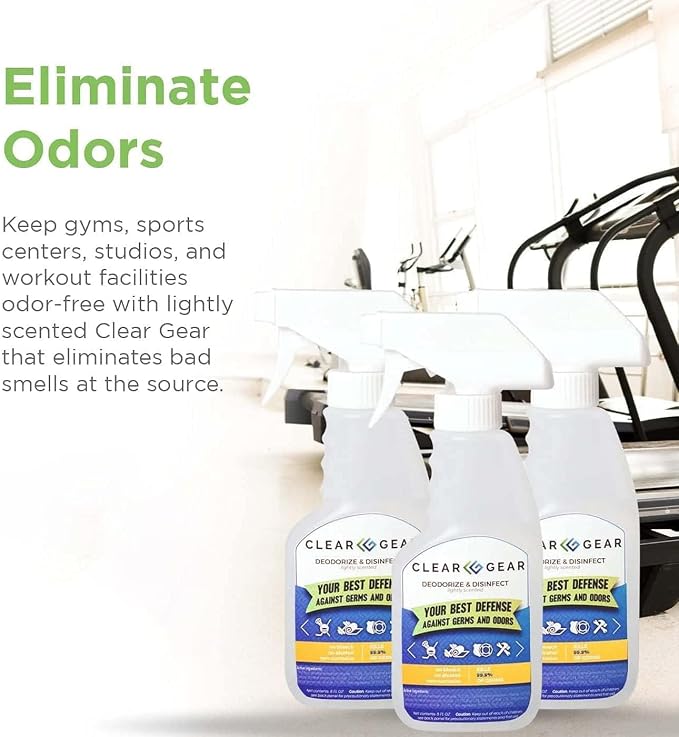 Clear Gear Disinfectant Cleaner, and Deodorizer For Sports Equipment, Gyms, and Fitness Centers - EPA-Registered, Hospital Grade, Made in USA - 1-Pack of 32 Oz Bottle Disinfecting Spray