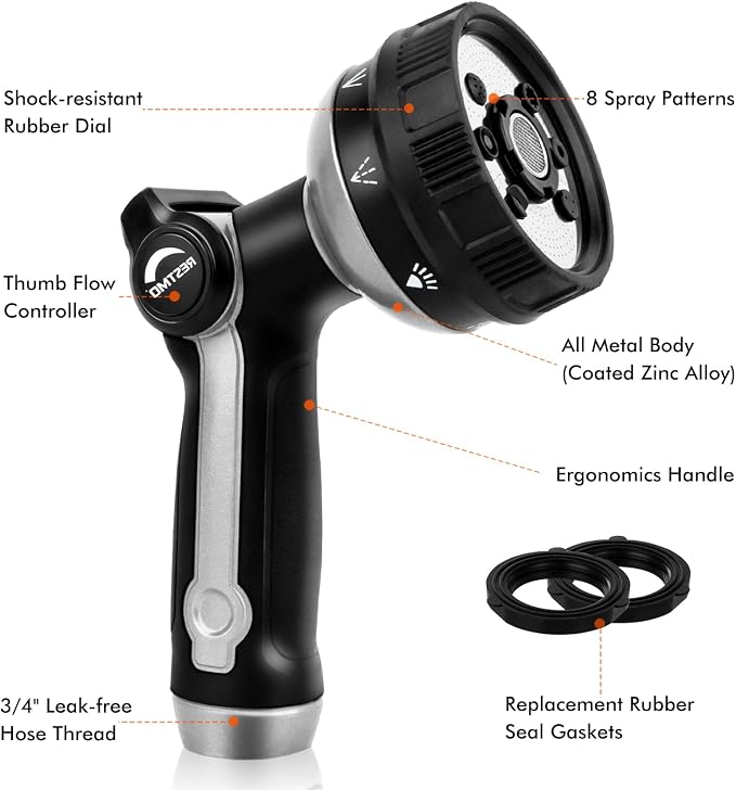 RESTMO Garden Hose Nozzle Heavy Duty, Metal Sprayer Nozzle Thumb Control | 8 Spray Patterns Full Shower Water Hose nozzle for Garden Hose, Ideal for Lawn & Plant Watering, Car & Pet Washing, Silver