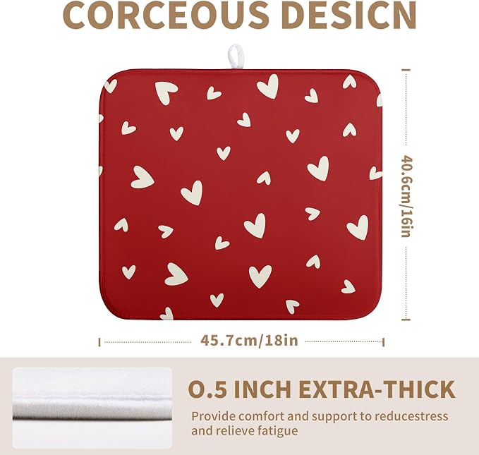 Valentine's Day Love Heart Dish Drying Mat for Kitchen Counter 16x18 Inch Valentine Theme Dish Mats Absorbent Microfiber Dish Draining Mat Reusable Washable Dish Drainer Rack Pad