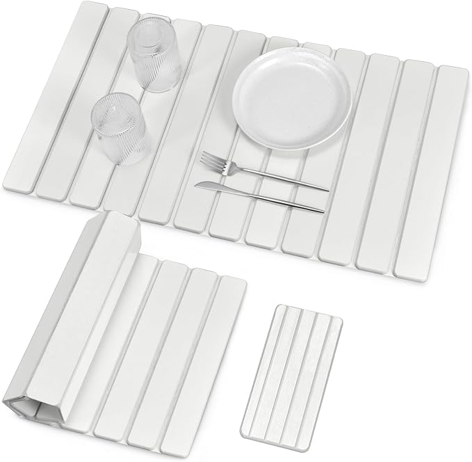 Large Stone Dish Drying Mat for Kitchen Counter, Foldable Quick Drying Dish Mats, Ultra Absorbent Diatomaceous Earth Mats for Dishes Bottles Cups, Match Any Countertop (White 24"×16" & 8"x4")