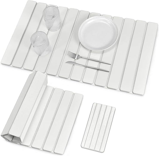 Large Stone Dish Drying Mat for Kitchen Counter, Foldable Quick Drying Dish Mats, Ultra Absorbent Diatomaceous Earth Mats for Dishes Bottles Cups, Match Any Countertop (White 24"×16" & 8"x4")