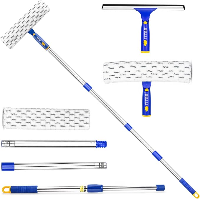 ITTAR Window Squeegee Cleaning Kit with 60" Extension Pole & Rotatable Head | 2 x 11" Microfiber Pads & 12" Rubber Blade Glass Washing Tool for High Window, Shower Doors, Car Windshields; Indoor, Outdoor