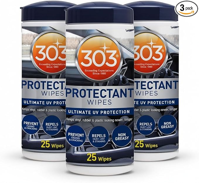 303 Products Automotive Protectant Wipes - Helps Prevent Fading & Cracking, Repels Dust, Lint & Staining, Superior UV Protection, Exterior & Interior Car Cleaning Supplies, 3PK