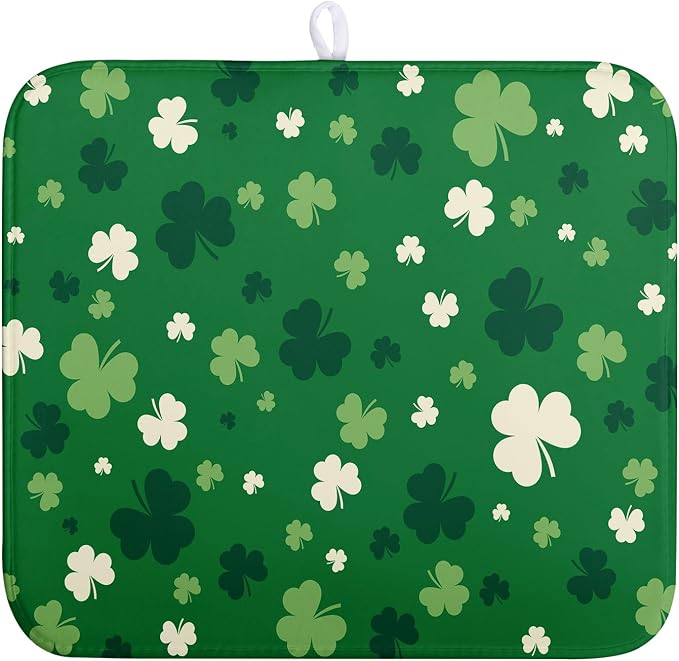 St.Patrick's Day Dish Drying Mat for Kitchen Counter Green Shamrock Drying Mats Spring Lucky Clovers Draining Pad Microfiber Absorben Dish Drainer Rack Mat Reusable Washable Dry Mat 16x18 Inch