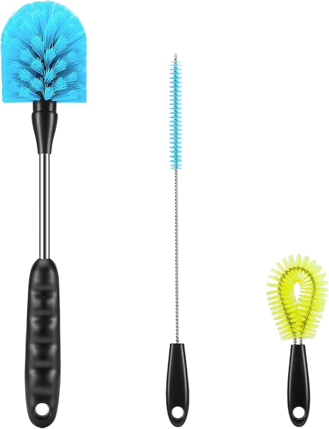 12.2 inch Bottle Brush Set of Three，Washable Coffee Cups, Water Bottles, Baby Bottles, Straws, to-go Cups, Long-Handled 3-in-1 Stainless Steel Bottle Brushes. (Yellow)