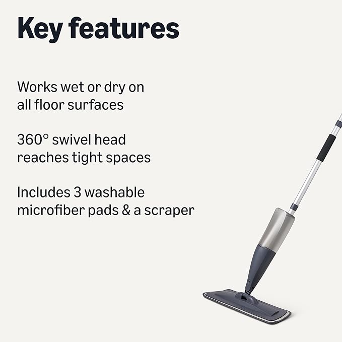 Amazon Basics Dry and Wet Floor Spray Mop, 360-Degree Swivel Spray Mop for Hardwood, Tile, Laminate, Vinyl Floor Cleaning with 16.9 oz Refillable Tank, 49-inch, 3-Pack Washable Microfiber Pads
