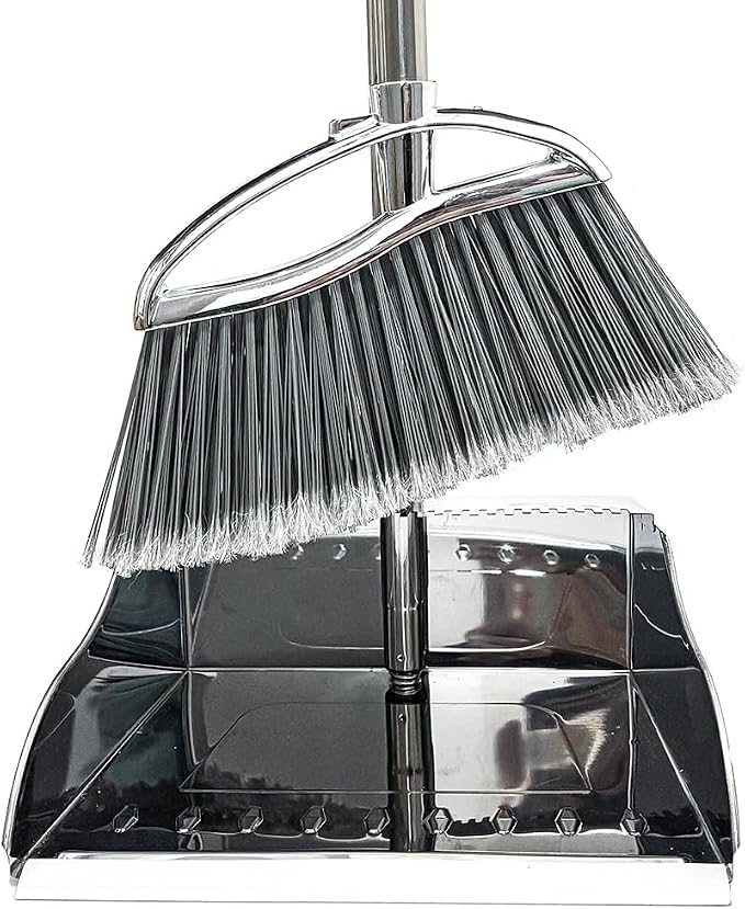Outdoor Broom and Dustpan Comb Set,Heavy Duty Stainless Steel Metal Dust Pan with Long Handle Commercial Stiff Bristles Broom for Home Garage Garden Patio
