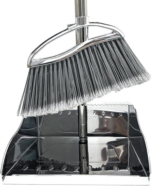 Outdoor Broom and Dustpan Comb Set,Heavy Duty Stainless Steel Metal Dust Pan with Long Handle Commercial Stiff Bristles Broom for Home Garage Garden Patio