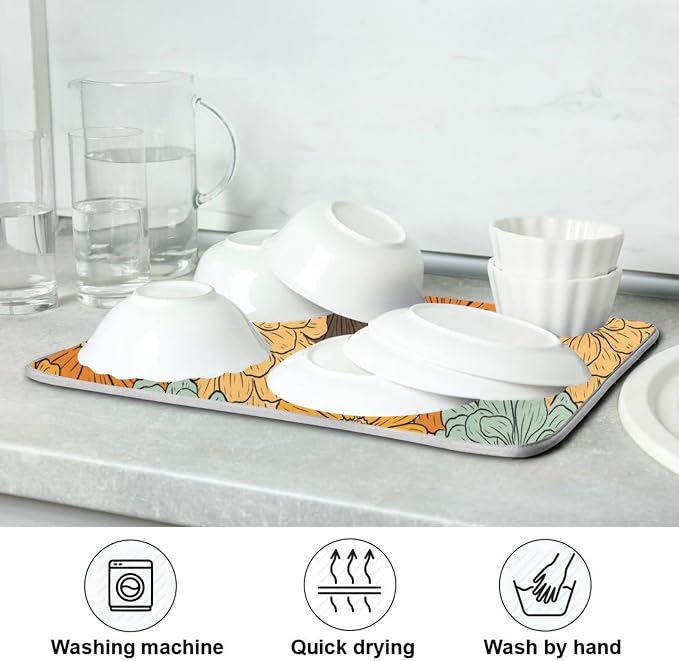 senya Super Absorbent Dish Drying Mat, Microfiber Fast-Drying Dish Mat, 24'' x 18'', Kitchen Dish Drying Pad, Retro Flower Daisy, (g289343300p523c558s1114)
