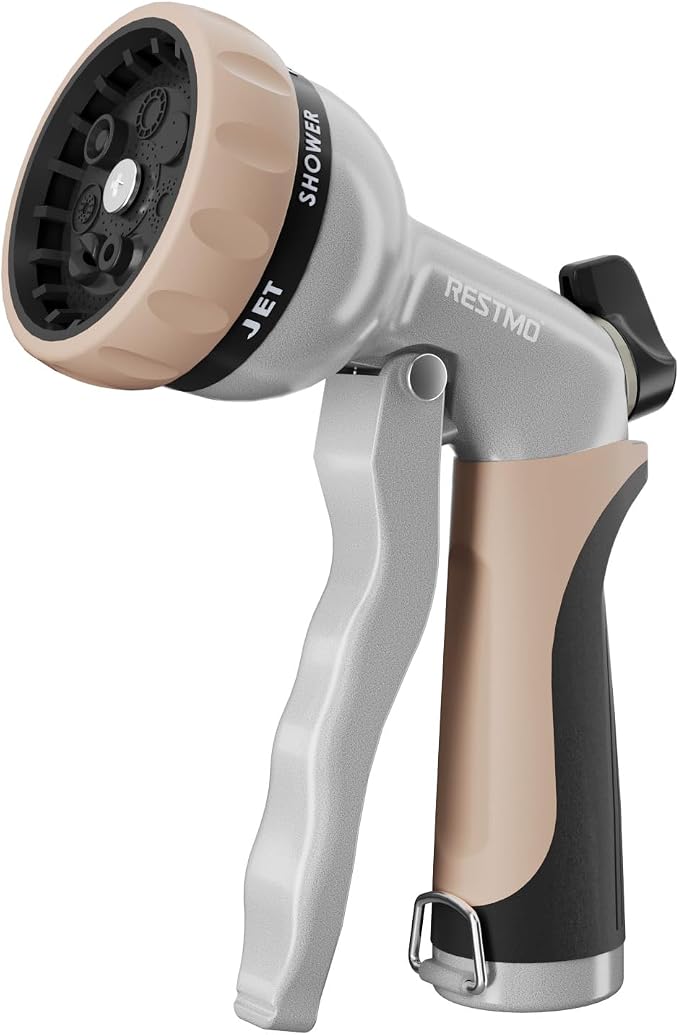 RESTMO Garden Hose Nozzle, Heavy Duty Metal Water Hose Nozzle with 7 Adjustable Spray Patterns, High Pressure Hand Sprayer with Flow Control, for Watering Plants & Lawns, Washing Cars & Pets, Gold