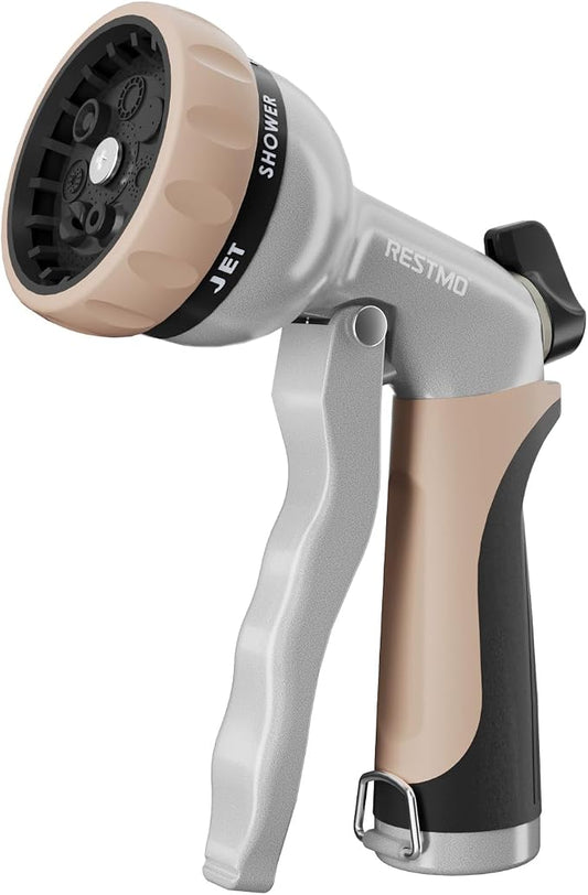 RESTMO Garden Hose Nozzle, Heavy Duty Metal Water Hose Nozzle with 7 Adjustable Spray Patterns, High Pressure Hand Sprayer with Flow Control, for Watering Plants & Lawns, Washing Cars & Pets, Gold