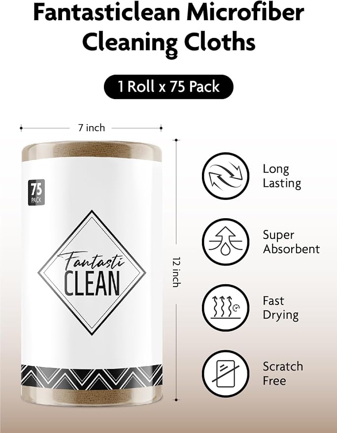 Fantasticlean Microfiber Cleaning Cloth Roll- 75 Sheets, 12" x 12" (TAN) | Super Absorbent, Lint-free, Tear-away Microfiber Towel Roll, for All-Purpose Cleaning