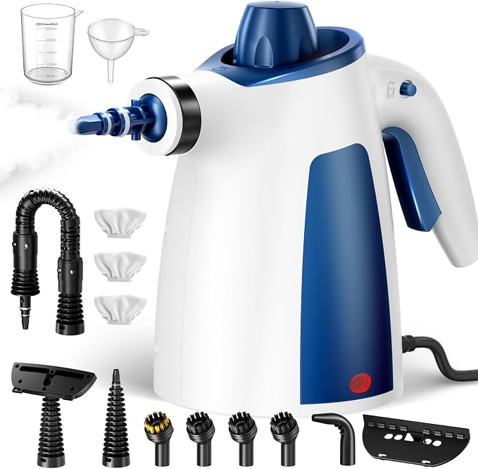 Handheld Steam Cleaner, 230°F Pressurized Steamer with No Water Spitting & Continuous Steam, 350ML Chemical-Free Deep Cleaning for Grease & Grime, 14 Accessories for Grout, Bathroom, Kitchen & Car