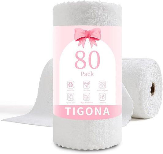 80 Pack Microfiber Cleaning Cloth Roll,Lint Free Rags & Tear Away Reusable Towels Washable Scratch,Ultra Absorbent Dish Rags(12" x 12") for Car Kitchen Home Garage-White