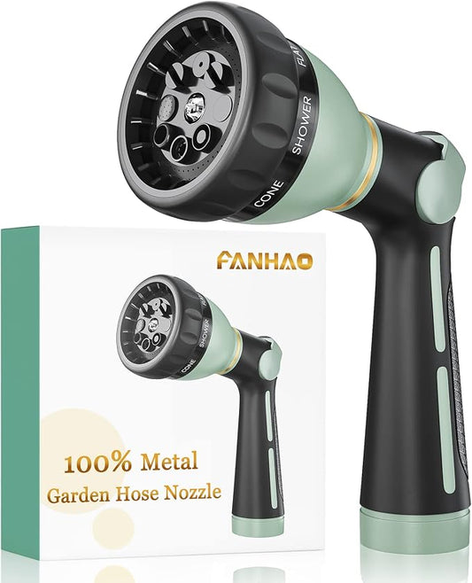 FANHAO Heavy Duty Garden Hose Nozzle, Metal Hose Sprayer Easy Thumb Control | 8 Spray Patterns, Rustproof Water Nozzle, Non-Slip Ergonomic Grip, Elder & Child Friendly for Garden, Car & Pet, Light Green