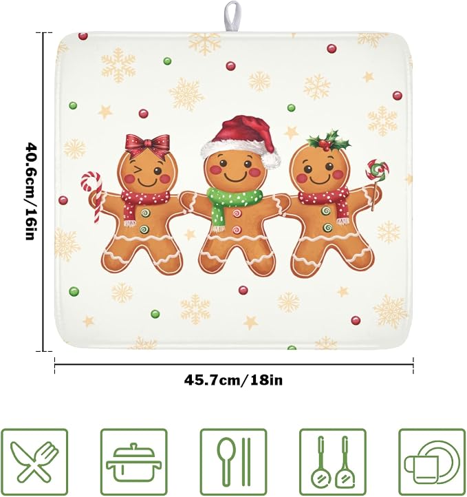 Christmas Gingerbread Man Dish Drying Mat for Kitchen Counter Xmas Gold Snowflake Dish Drainer Mat Rustic Farmhouse Winter Holiday Absorbent Washable Drying Pad 16"x18"