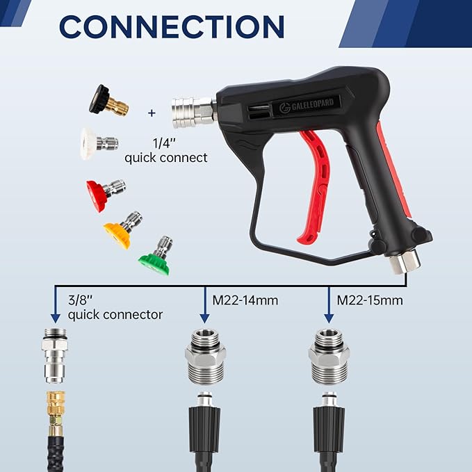 Short Pressure Washer Gun with 1/4" QC,with 5 Spray Nozzle Tips | 4350 PSI High Pressure Washer Gun,3/8'' Male Plug and M22-14/15mm Fittings, Power Washer Gun Compatible with Foam Cannon