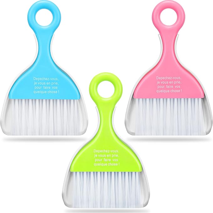 Chengu 3 Pack Mini Dustpan and Brush Set Colorful Small Broom and Dustpan Set Hand Whisk Brooms Tiny Cleaning Brush Table Crumbs Sweep for Desk Keyboard Kitchen Corner Car Sofa Pet Cage Nest Craft