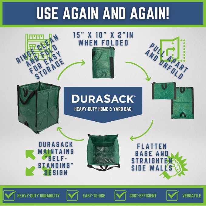 DURASACK Heavy Duty Home and Yard Waste Bag 48-Gallon Woven Polypropylene, Reusable Lawn and Leaf Garden Bag with Reinforced Carry Handles, Pop-Up Self-Standing Garbage Can, Blue (Pack of 2)