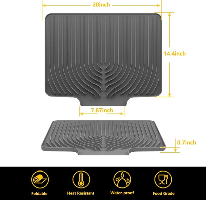 DIsh Drying Mat for Kitchen Counter , 20"×15.7" Dish Drying Rack (gray) | Various Sizes & Colors,Extra Large,Steep-Slope,Built in Drain,High-fin Ventilation,Food-grade Silicone,500F heat resistant