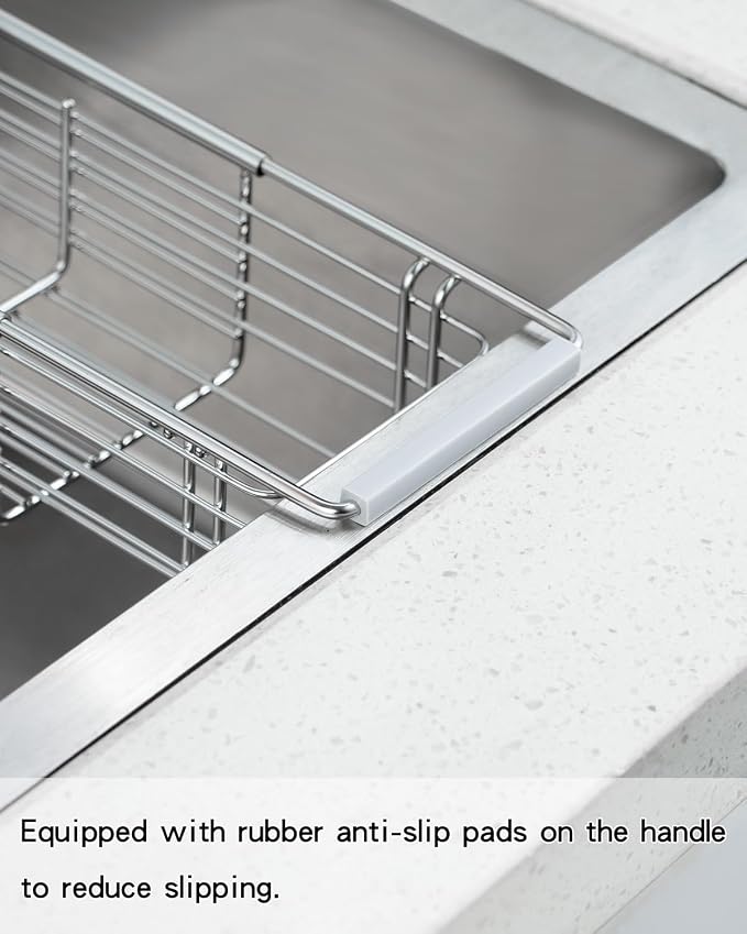 Expandable Kitchen Sink Caddy, 304 Stainless Steel Over the Sink Sponge Holder, Adjustable Drain Rack Organizer for Sponges, Brushes, Dish Soap, Rustproof & Quick-Dry