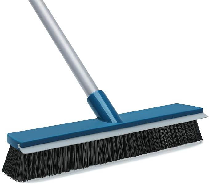 16-Inch Push Broom Outdoor with Rubber Squeegee and 58" Long Handle, 2 in 1 Commercial Broom Brush with Stiff Bristles for Deck Patio Garage Warehouse Driveway Concrete Floor Cleaning Scrubbing