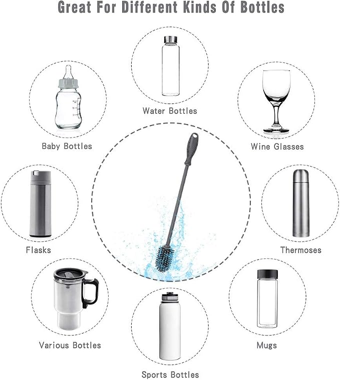 Silicone Bottle Cleaning Brush with Long Handle, 12.5" Water Bottle Cleaner for Baby Bottles, Hydro Flask, Sports Bottle, Vase, Glassware, Perfect for Smaller Diameter Bottle Openings (One Pack)
