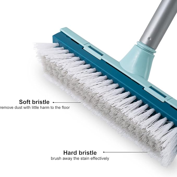 BOOMJOY Floor Scrub Brush with Long Handle, 2 in 1 Scrape and Brush, Stiff Bristles for Cleaning Bathroom, Patio, Garage, Kitchen, Deck, Tile, Blue