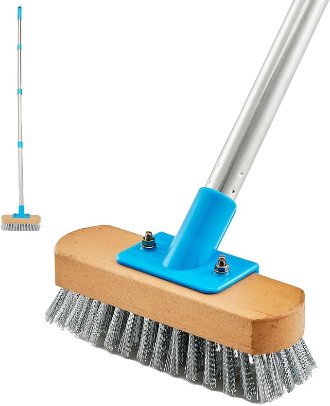 YONILL Stainless Steel Deck Scrub Brush with 60" Long Handle for Outdoor | Heavy Duty Floor Scrubber Brush, Moss Remover Wire Cleaning Brushes for Rough Surface, Concrete Floor, Patio, Garden, Garage