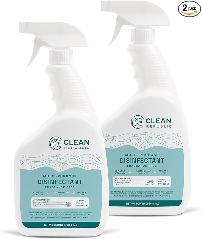 Multi-Purpose Disinfectant, Hypochlorous Acid Cleaner, 32oz Spray, 2-Pack | EPA-Registered, Kills 99% of Bacteria, No Chemical Residue, Hypochlorous Acid, Non-Toxic, Fragrance Free, Family & Pet Safe