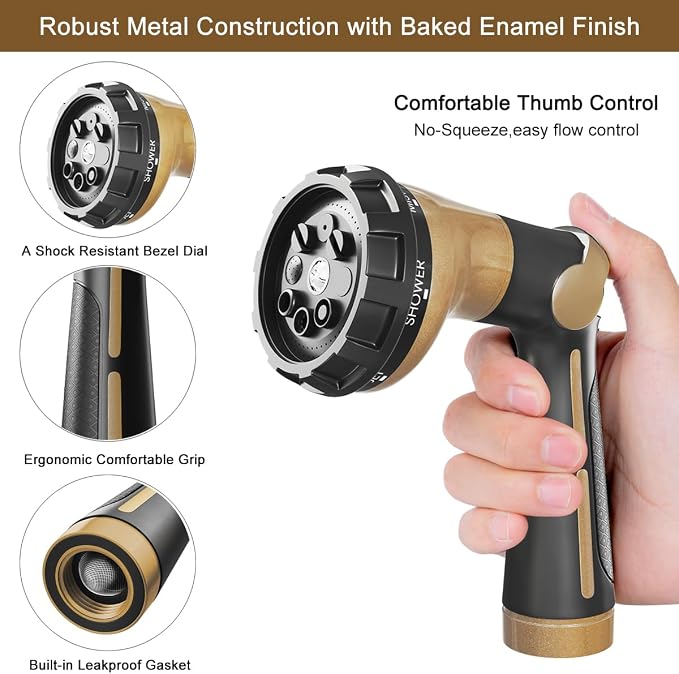 FANHAO Heavy Duty Garden Hose Nozzle, Metal Hose Sprayer Easy Thumb Control | 8 Spray Patterns, Rustproof Water Nozzle, Non-Slip Ergonomic Grip, Elder & Child Friendly for Garden, Car & Pet, Khaki