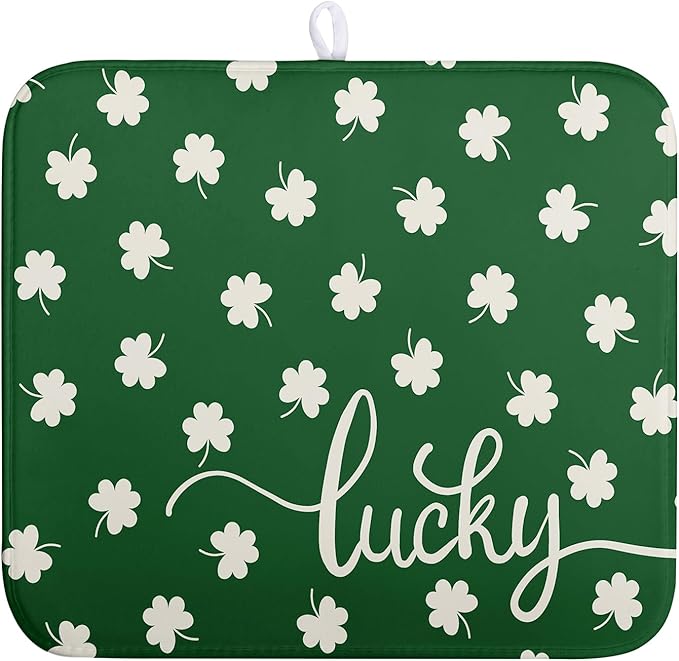 St Patrick Shamrock Drying Mat for Kitchen Counter Green White Lucky Clover Drying Dish Mat St Patricks Day Absorbent Microfiber Dish Drying Pad Reusable Dry Mat 16 x 18 Inch
