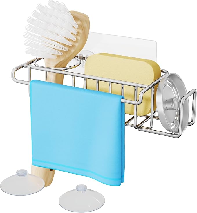 HapiRm 4 in 1 Sink Caddy Sponge Holder, SUS304 Stainless Steel Kitchen Brush Holder and Dish Cloth Hanger, Kitchen Organizers and Storage Essentials - Silver