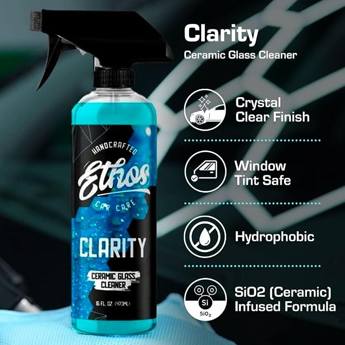 Ethos Clarity V2 – Ceramic Glass Cleaner & Windshield Water Repellent | Streak-Free Auto Glass Cleaner for Car Windows, Mirrors & Tinted Glass | Hydrophobic Protection