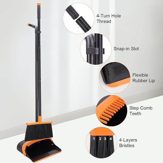 Broom and Dustpan Set - 56" Long Adjustable Handle Broom with Upright Standing Dustpan Combo for Home,Kitchen, Shopping Mall and Factory Indoor&Outdoor Sweeping