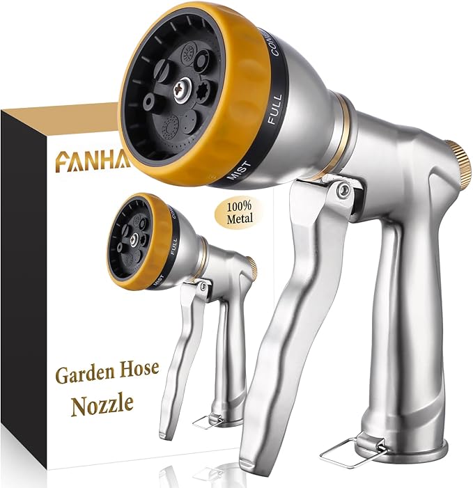 FANHAO Heavy Duty Metal Garden Hose Nozzle, High Pressure Sprayer Leakproof | 7 Adjustable Spray Patterns, Rustproof Zinc Alloy, Hands-Free Lock, Shockproof Bezel Water Nozzle for Lawn, Plant, Car & Pet
