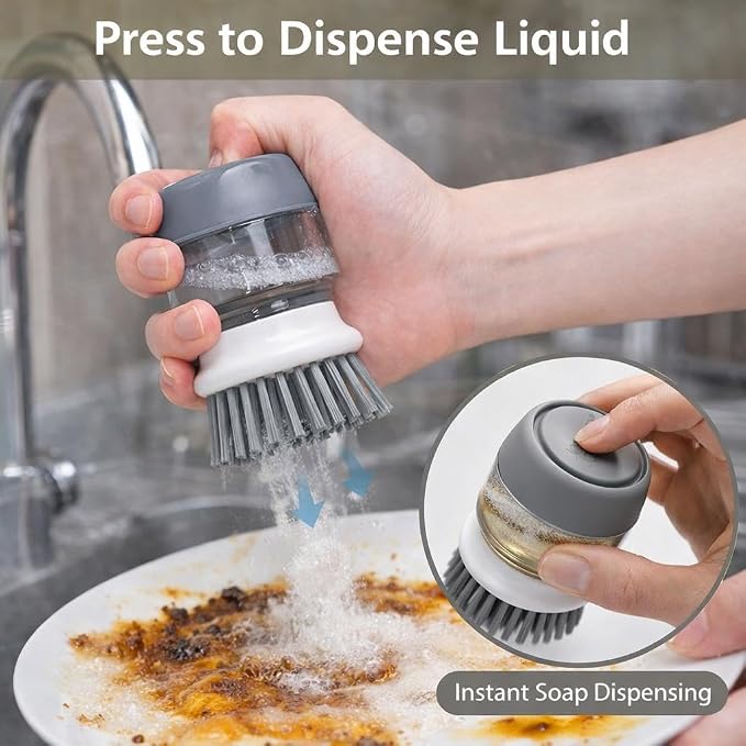 Soap Dispensing Dish Brush with Holder – Leakproof Kitchen Scrubber Brush with Soap Dispenser, Palm Grip Dish Cleaning Brush for Pots, Pans, Sink & Dishes – Gray