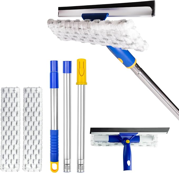 Squeegee for Window Cleaning with Extendable Pole, 53" 2-in-1 Window Cleaning Tool Kit, Shower Squeegee with Long Handle, Indoor/Outdoor High Window Cleaning-Two Pads