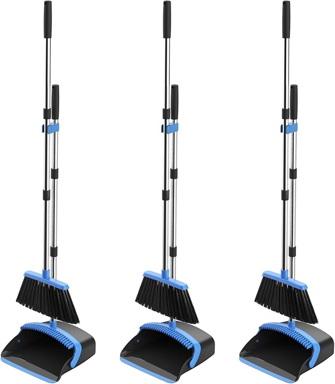 NACENA Broom and Dustpan Set, 52-in Long Adjustable Handle Broom Dustpan Combo with Dustpan Teeth to Automatically Clean Hair Suitable for Home Kitchen Office Hall Floor (Black&Blue),3 Pack