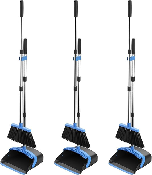 NACENA Broom and Dustpan Set, 52-in Long Adjustable Handle Broom Dustpan Combo with Dustpan Teeth to Automatically Clean Hair Suitable for Home Kitchen Office Hall Floor (Black&Blue),3 Pack