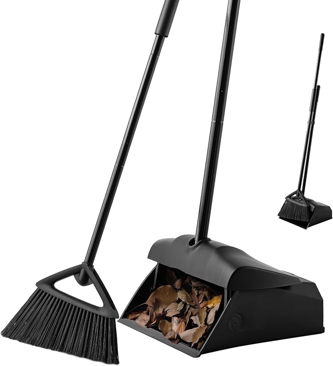 Eyliden Heavy-Duty Commercial Broom and Dustpan Set, Windproof Lid | High Capacity, Upright Locking Mechanism, Windproof Outdoor Dustpan and Broom Combo for Garden Yard Patio Commercial Garage