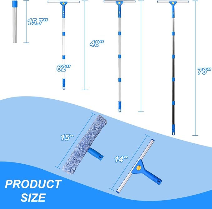 76“Professional Squeegee Window Cleaning Kit with Extension Pole | Streak-Free Silicone Blade,Smooth,Quiet Glide,Telescopic Handle for High & Hard-to-Reach Windows
