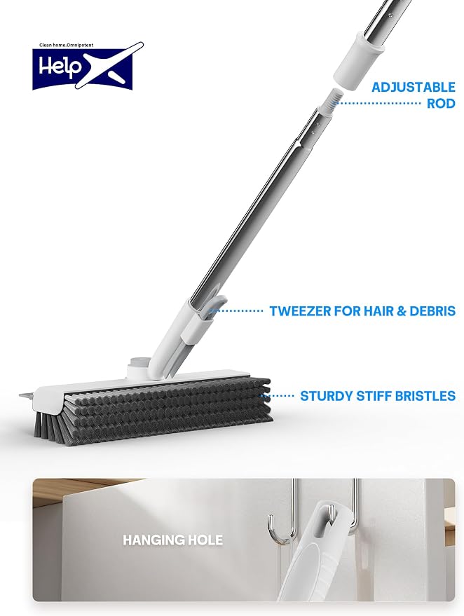 3 in 1 Floor Scrub Brush with Long Handle, Multi-Angle Swivel Head | Stiff Dual-side Bristle, Floor Scrubber with Squeegee & Tweezer for Tile Wall Deck Bathtub Patio Garage Pool Kitchen (White)