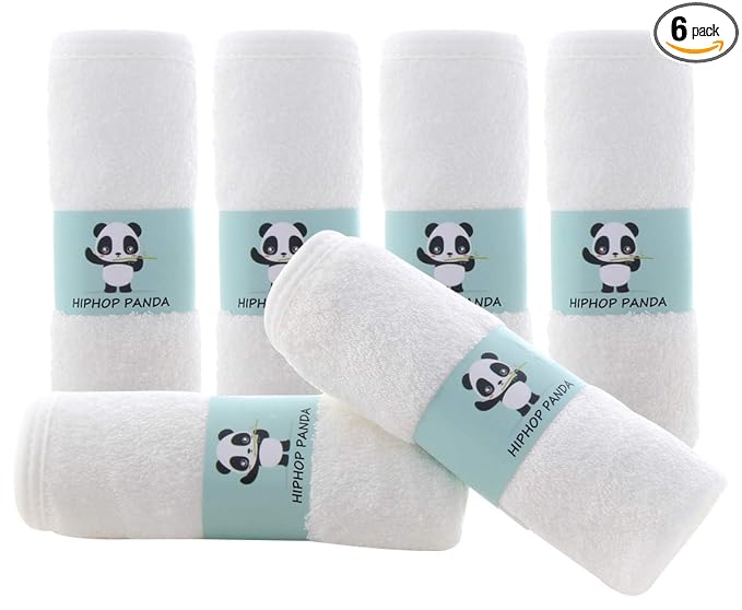 HIPHOP PANDA Baby Washcloths, Rayon Made from Bamboo - 2 Layer Ultra Soft Absorbent Newborn Bath Face Towel - Reusable Baby Wipes for Delicate Skin - White, 6 Pack